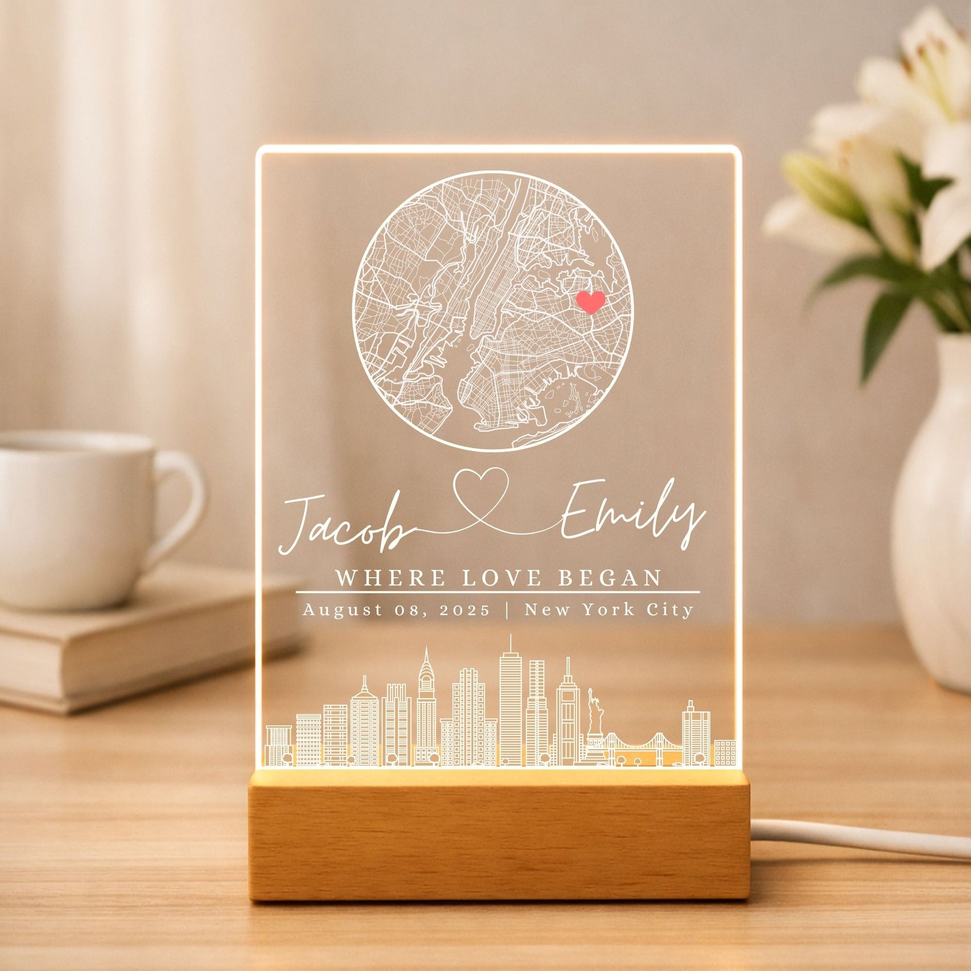 a custom acrylic map showing the location of a couple's first date.
