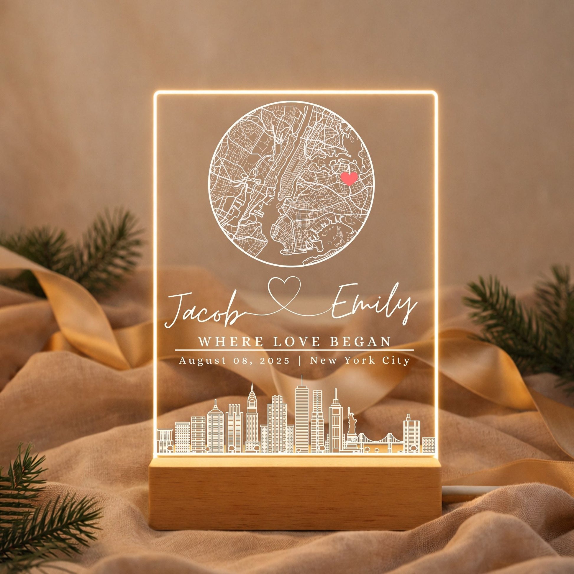 Custom street map night light with names and date for anniversary gift.