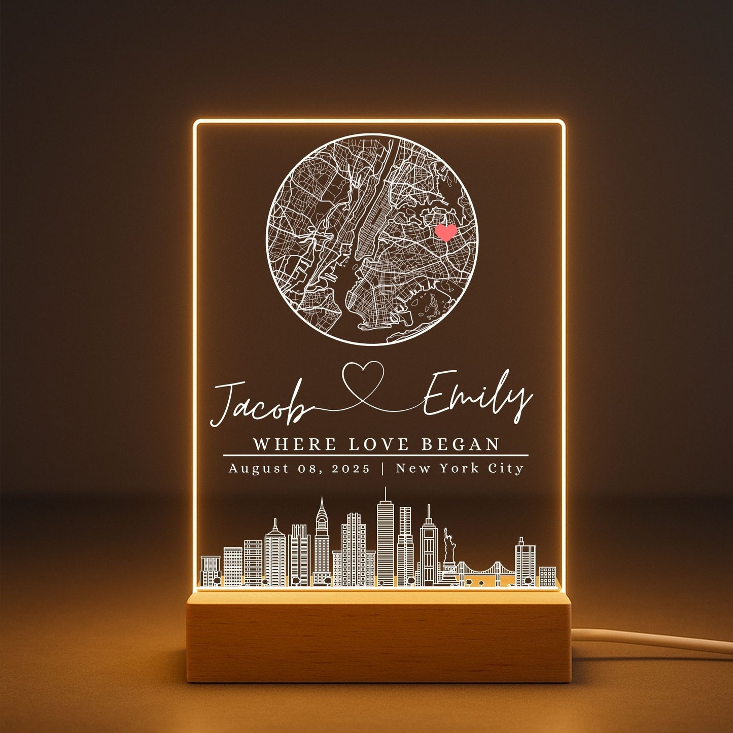 Bespoke engraved map night light on wooden base for wedding present.