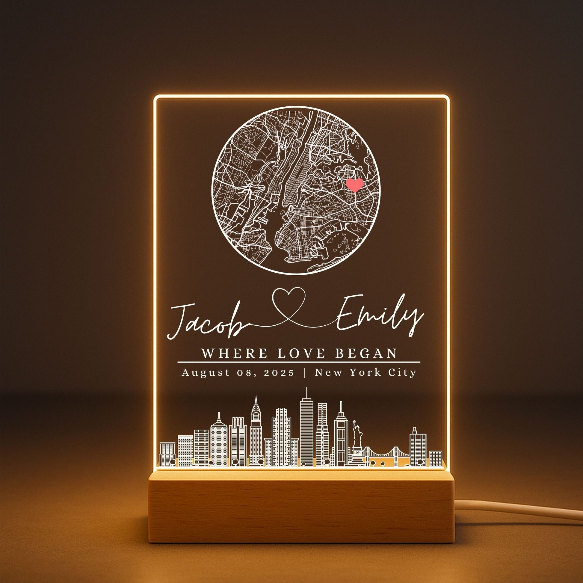 Bespoke engraved map night light on wooden base for wedding present.