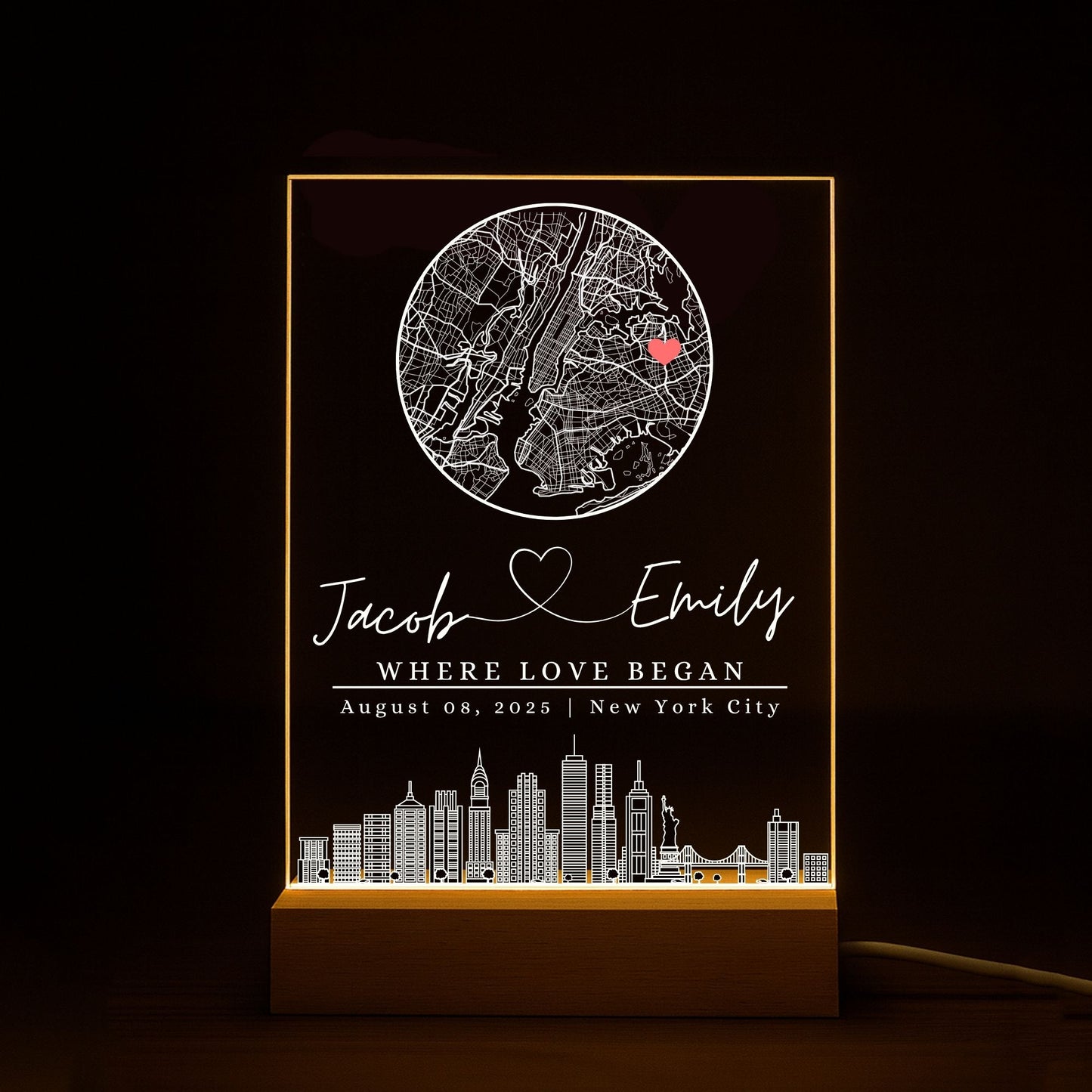 Personalized acrylic map lamp "Where It All Began" for home decor.