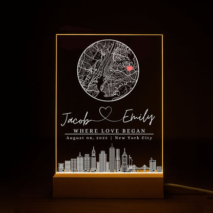 Personalized acrylic map lamp "Where It All Began" for home decor.