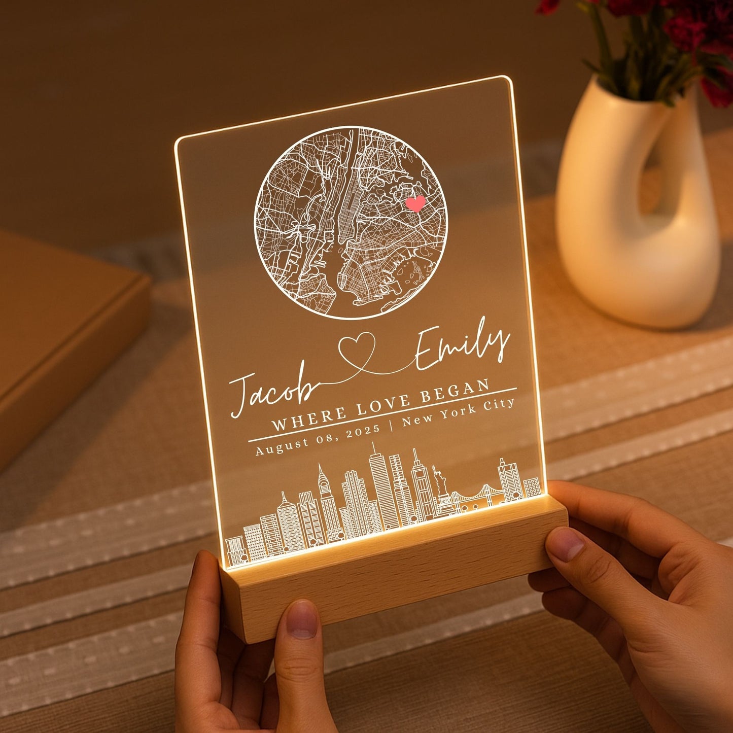Custom city map plaque night light with personalized text and dates.