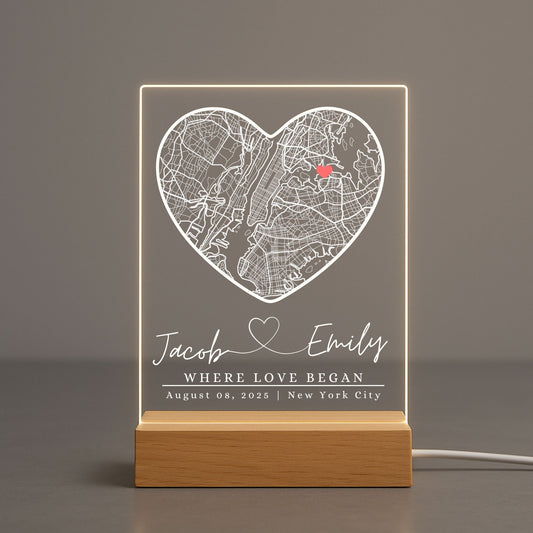 a glowing street map with custom names and a heart.