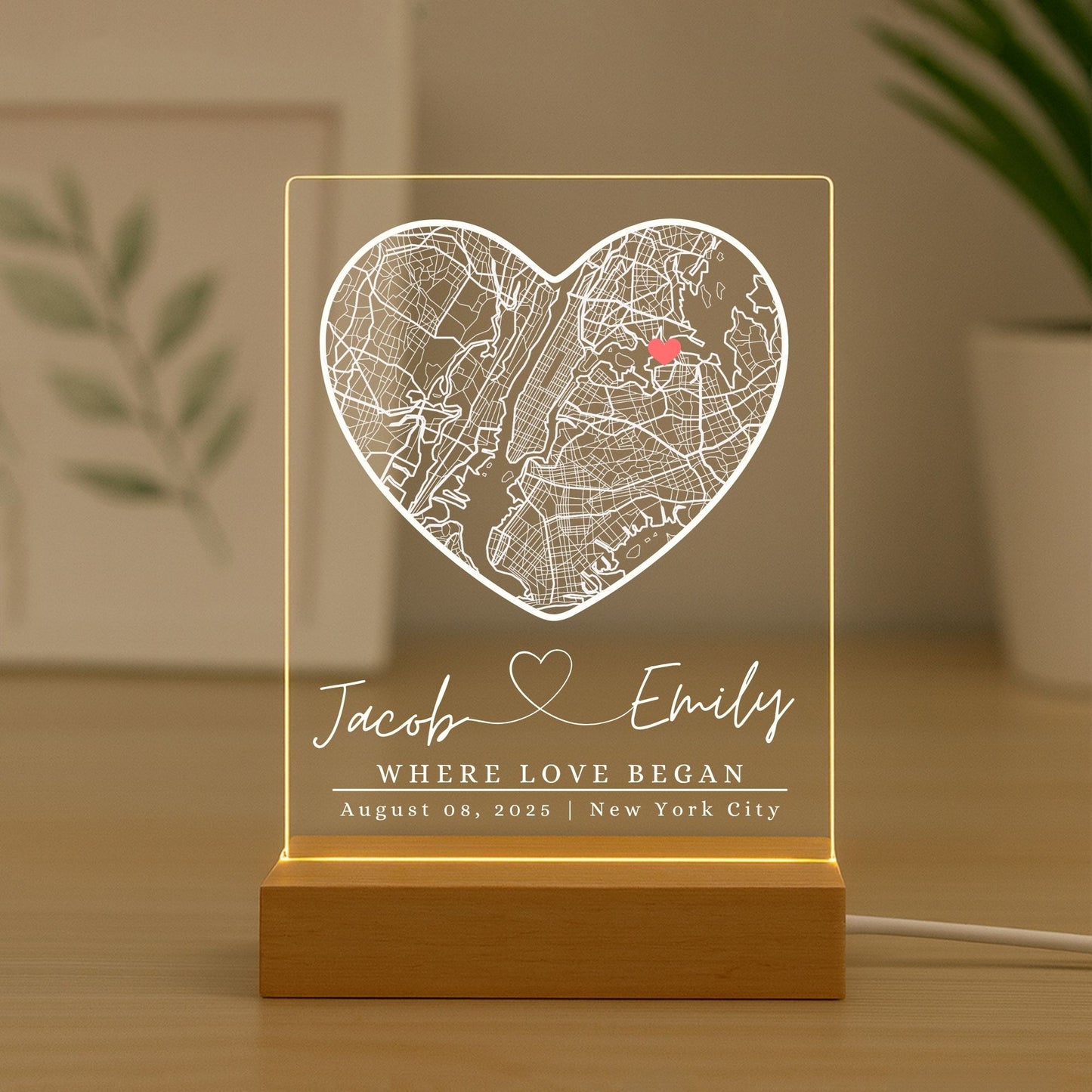 Hand-crafted acrylic map night light with custom coordinate engraving.