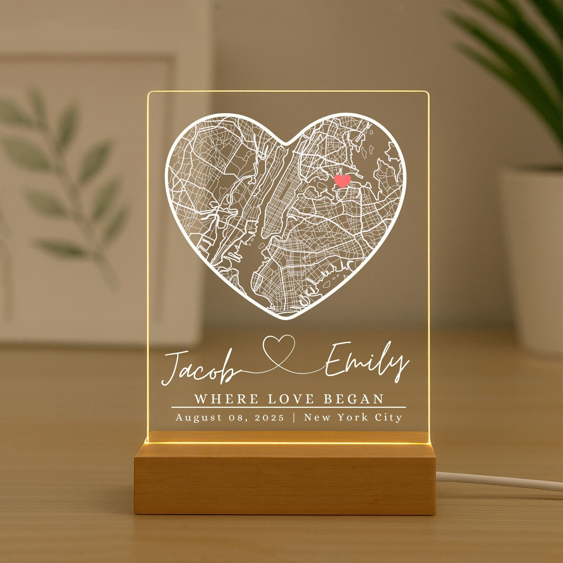 Hand-crafted acrylic map night light with custom coordinate engraving.