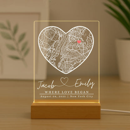 Hand-crafted acrylic map night light with custom coordinate engraving.