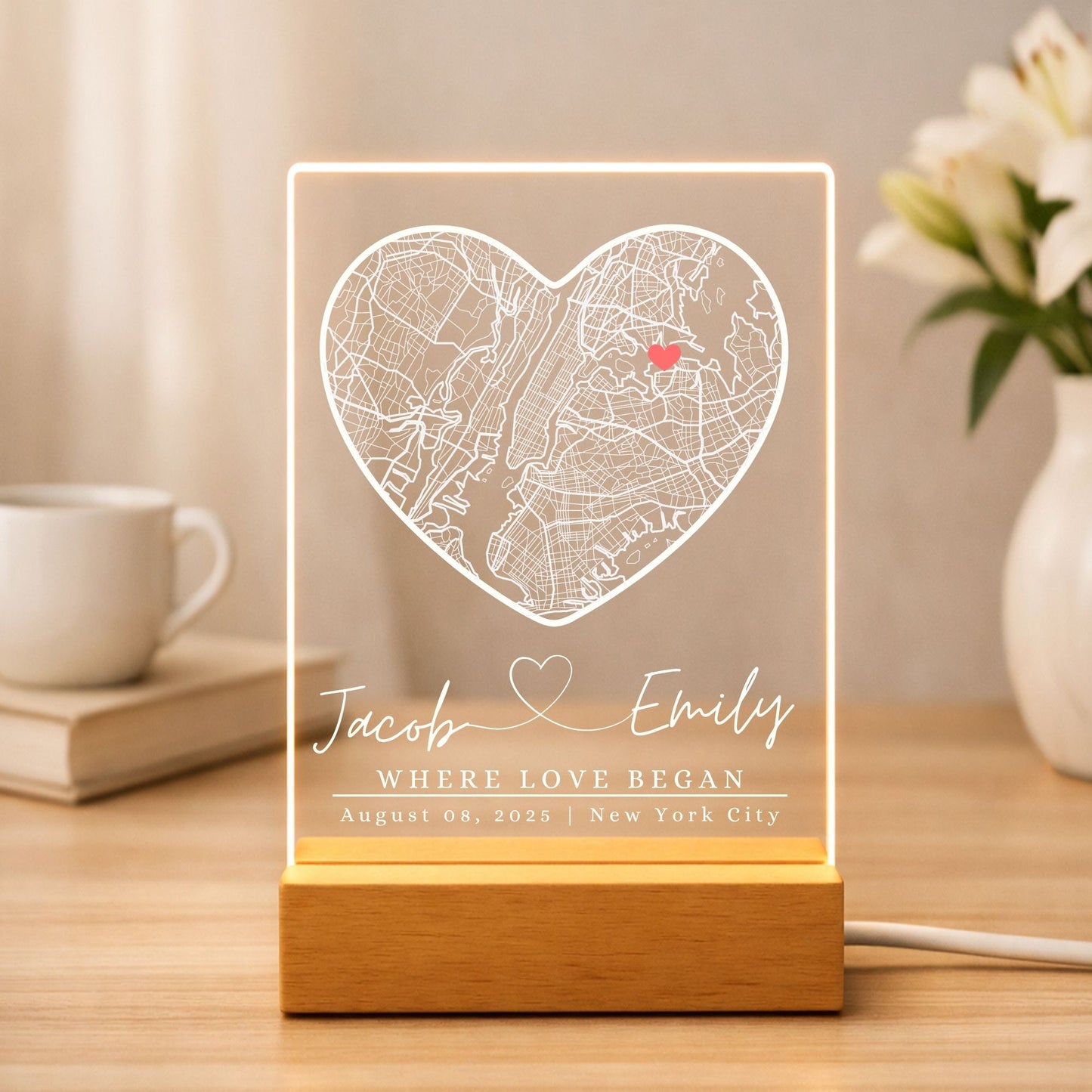 Modern personalized street map lamp for engagement or housewarming.