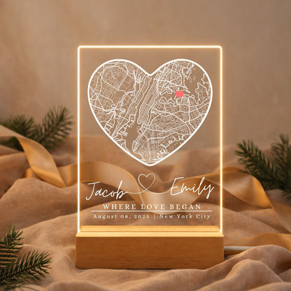 Clear acrylic LED map light with heart marker for romantic gift.