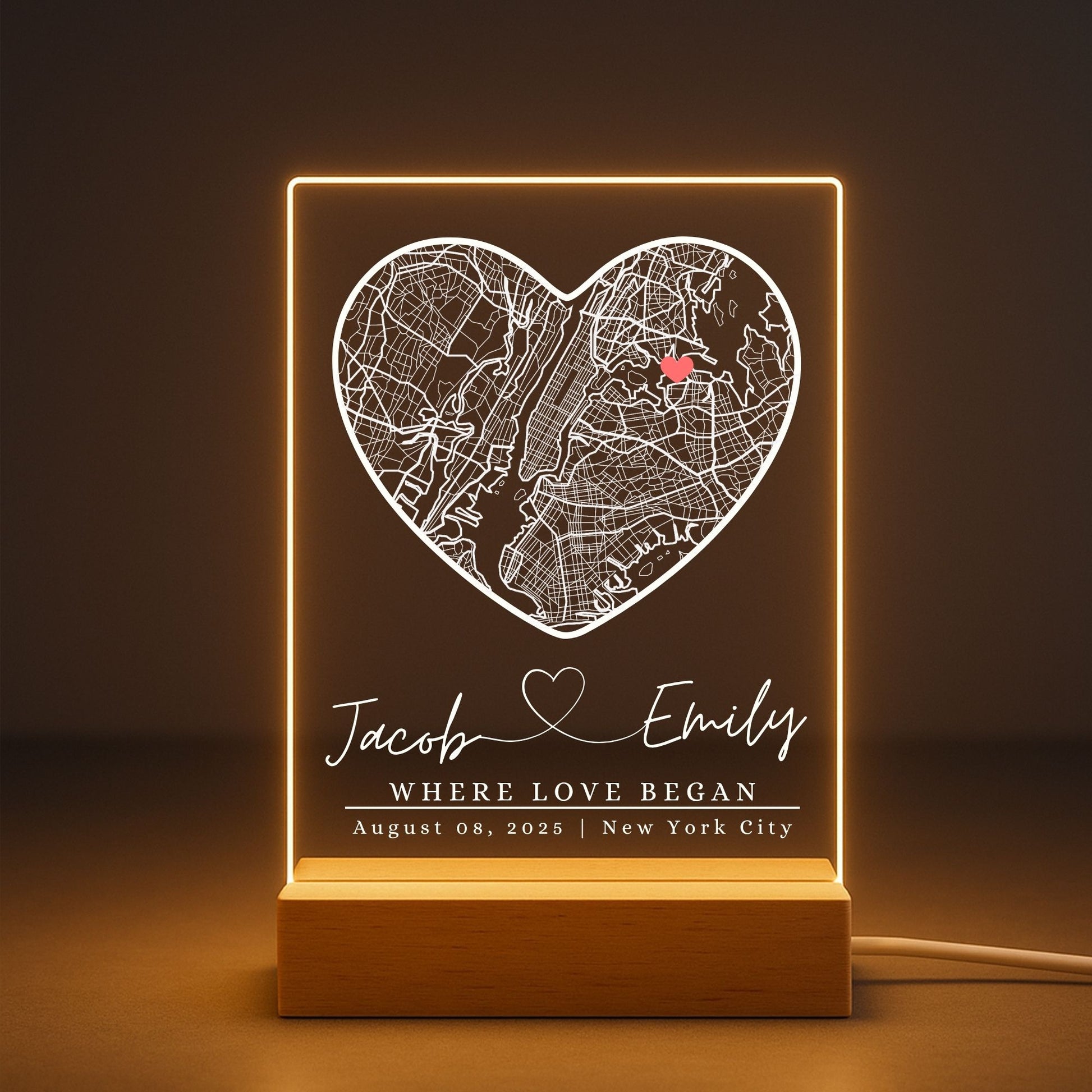 Unique "First Date" location map light on a warm LED wooden stand.