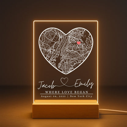 Unique "First Date" location map light on a warm LED wooden stand.