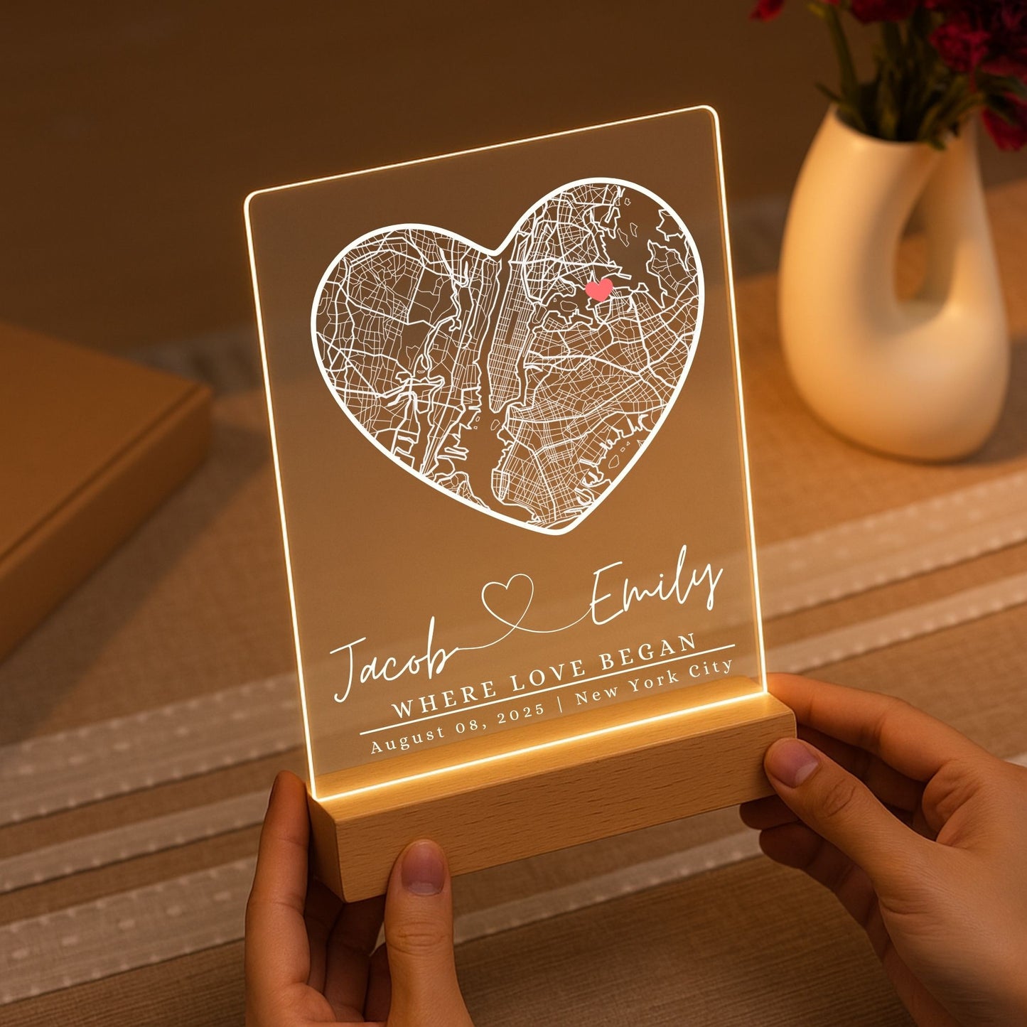 LED acrylic night light featuring a map of a special location for couples.