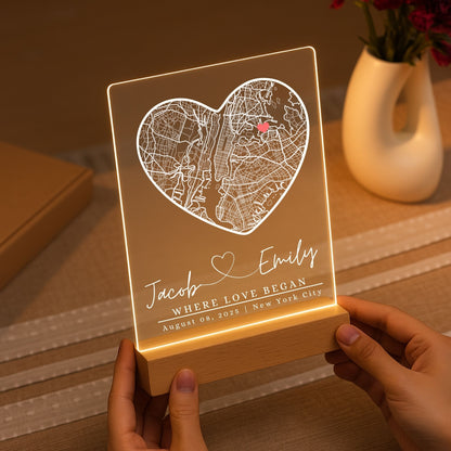 LED acrylic night light featuring a map of a special location for couples.