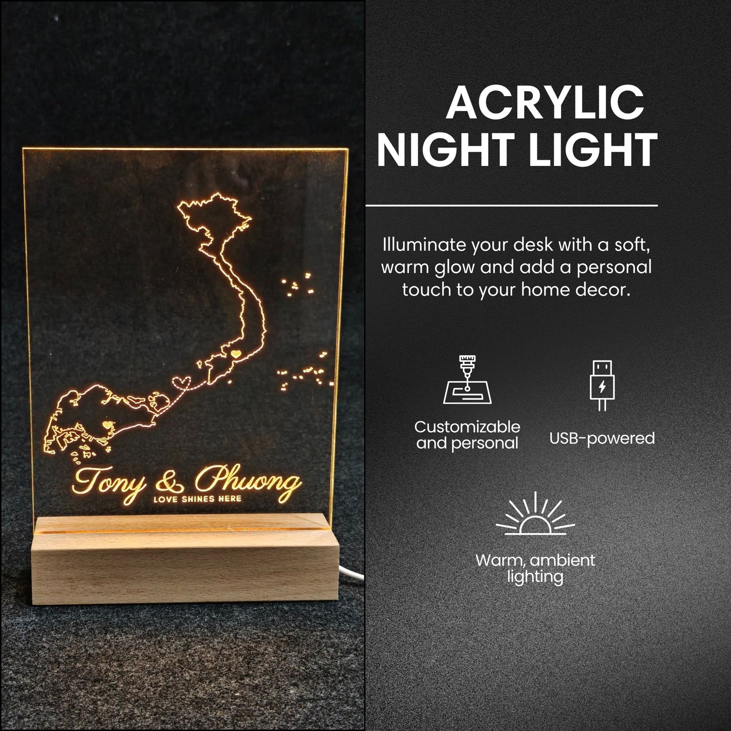 USB-powered acrylic light displaying two personalized state shapes and a couple's names.
