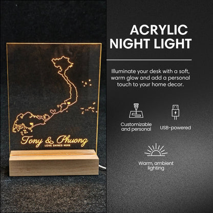 USB-powered acrylic light displaying two personalized state shapes and a couple's names.