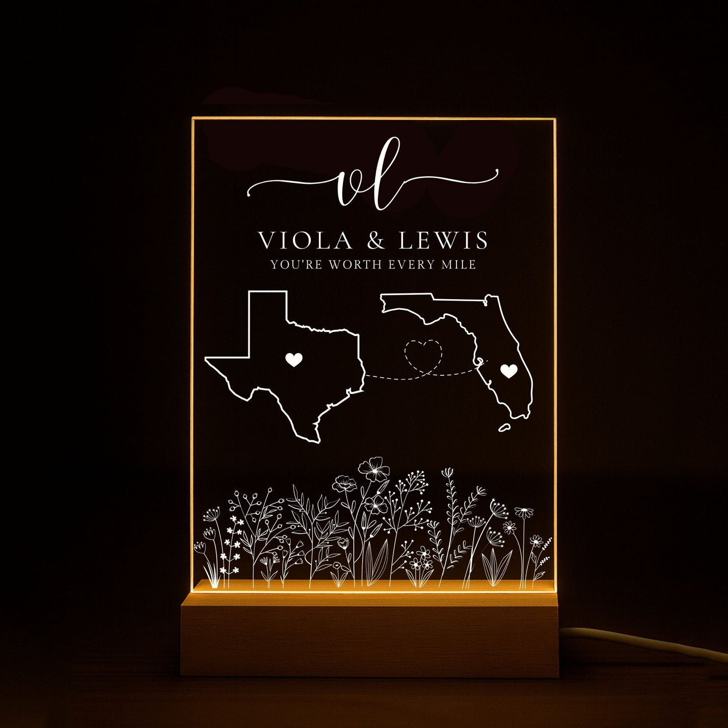 Custom long-distance acrylic plaque with a heart icon centered in two different states.