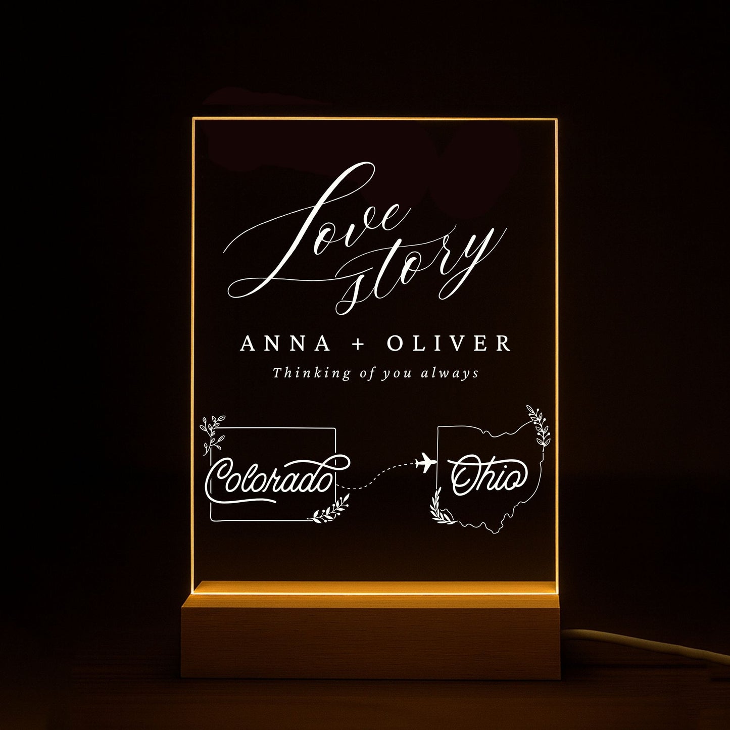 High-definition laser engraving of state borders on a clear acrylic night light.