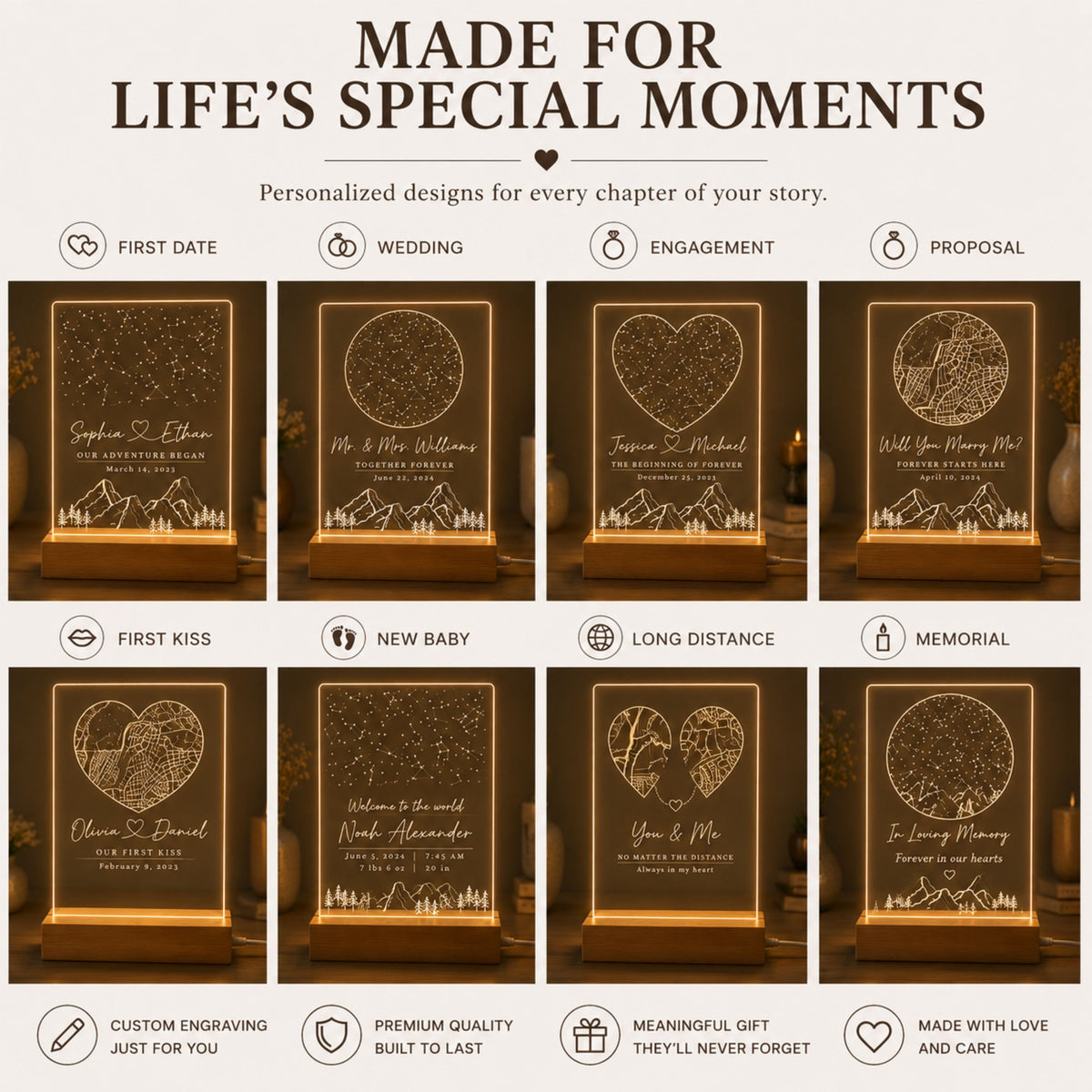 Product collection showcasing custom night light designs for weddings, engagements, proposals, first dates, new baby births, and long-distance couples.