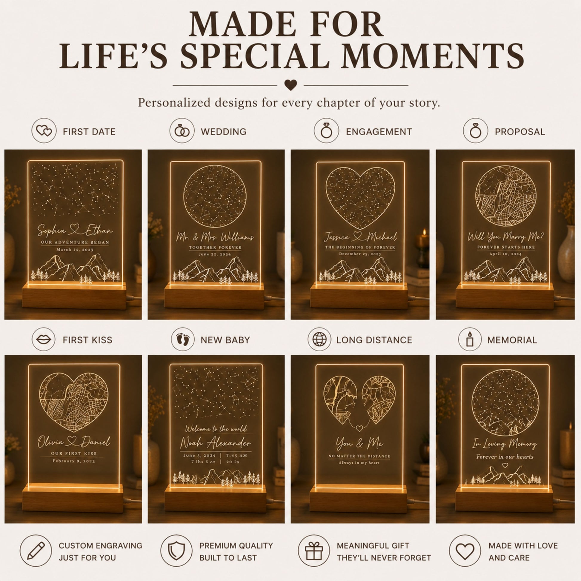 Product collection showcasing custom night light designs for weddings, engagements, proposals, first dates, new baby births, and long-distance couples.