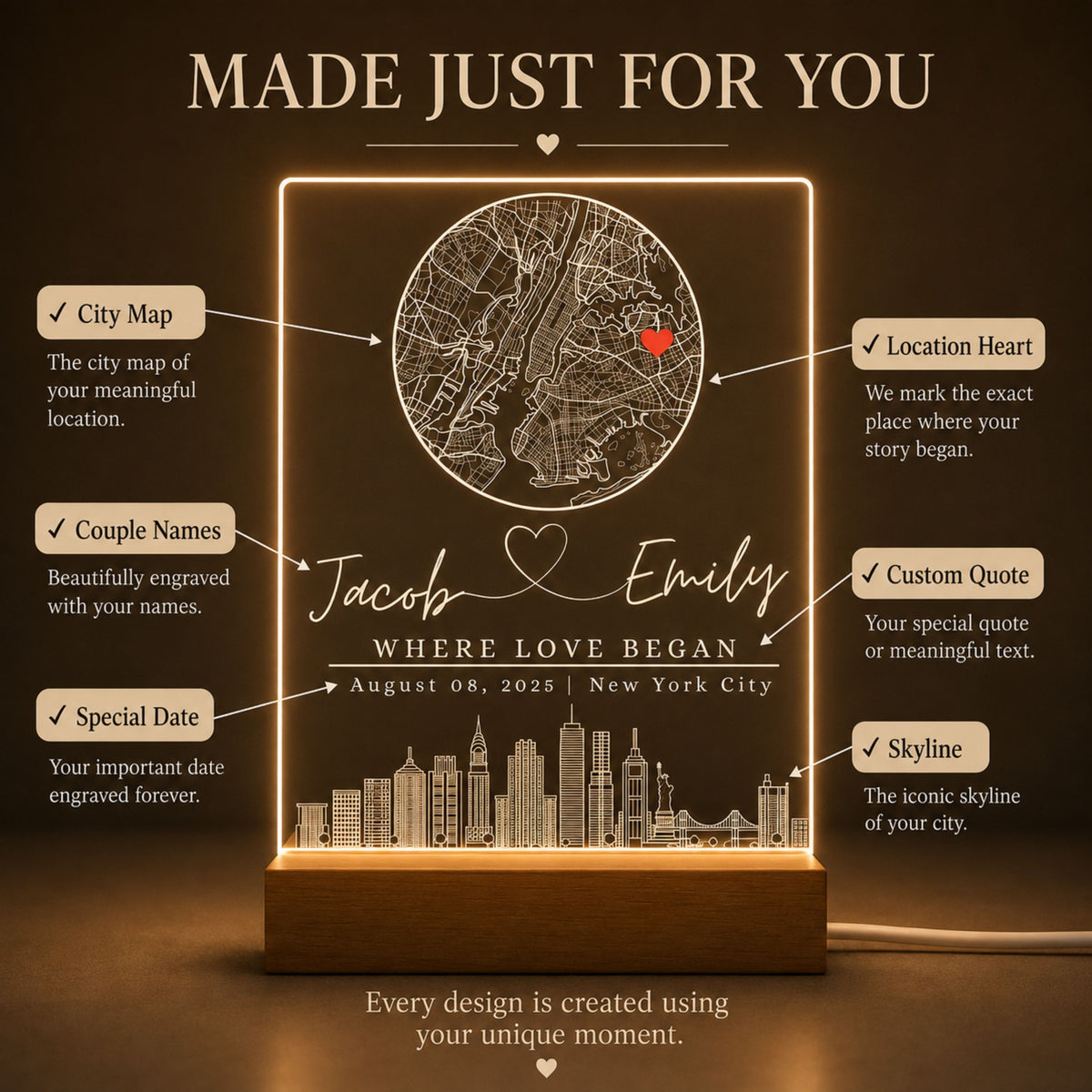 Personalization layout diagram for circular city street map acrylic night light highlighting custom location map, red heart pin, names, special date, quote, and skyline options.