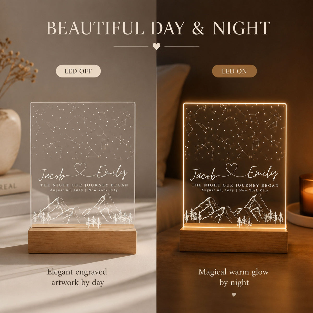 Side-by-side day and night display of engraved star map acrylic plaque showing clear day view and glowing warm LED light at night.