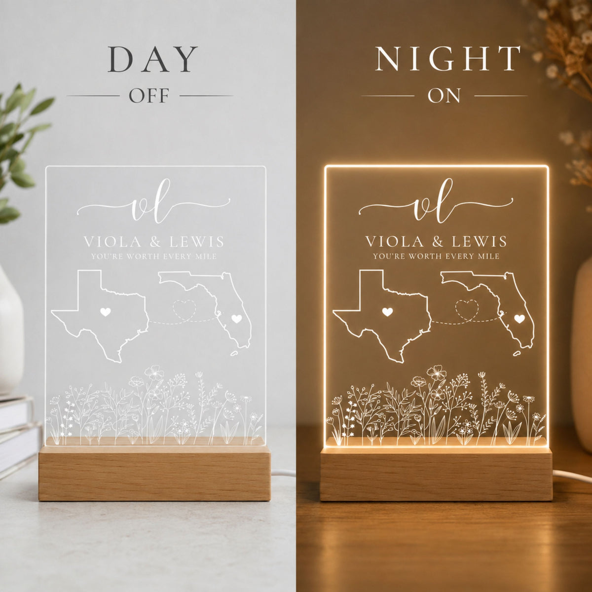 Day and night split display of floral long distance state map acrylic night light showing daytime engraved look and glowing warm LED light at night.
