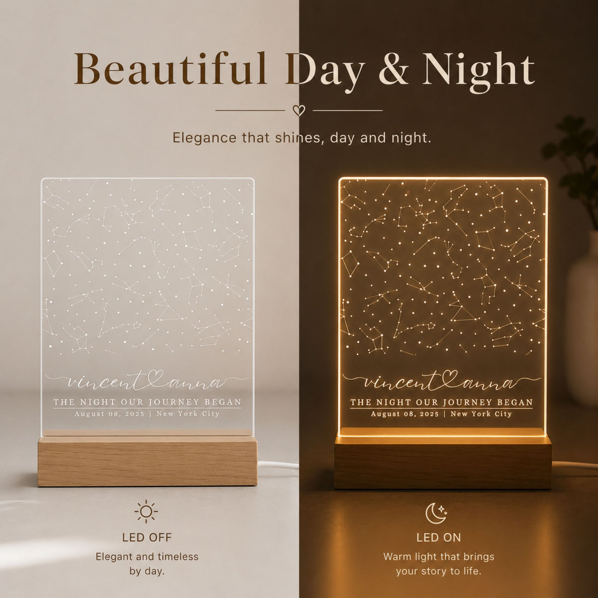 Day and night split display showing custom full-field star map acrylic plaque unlit in daylight and illuminated with warm ambient LED light at night.