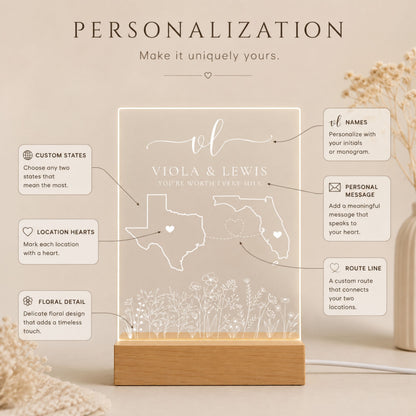 Personalization layout diagram for floral long distance state lamp showing custom states, location hearts, route line, script initials monogram, couple names, and message options.