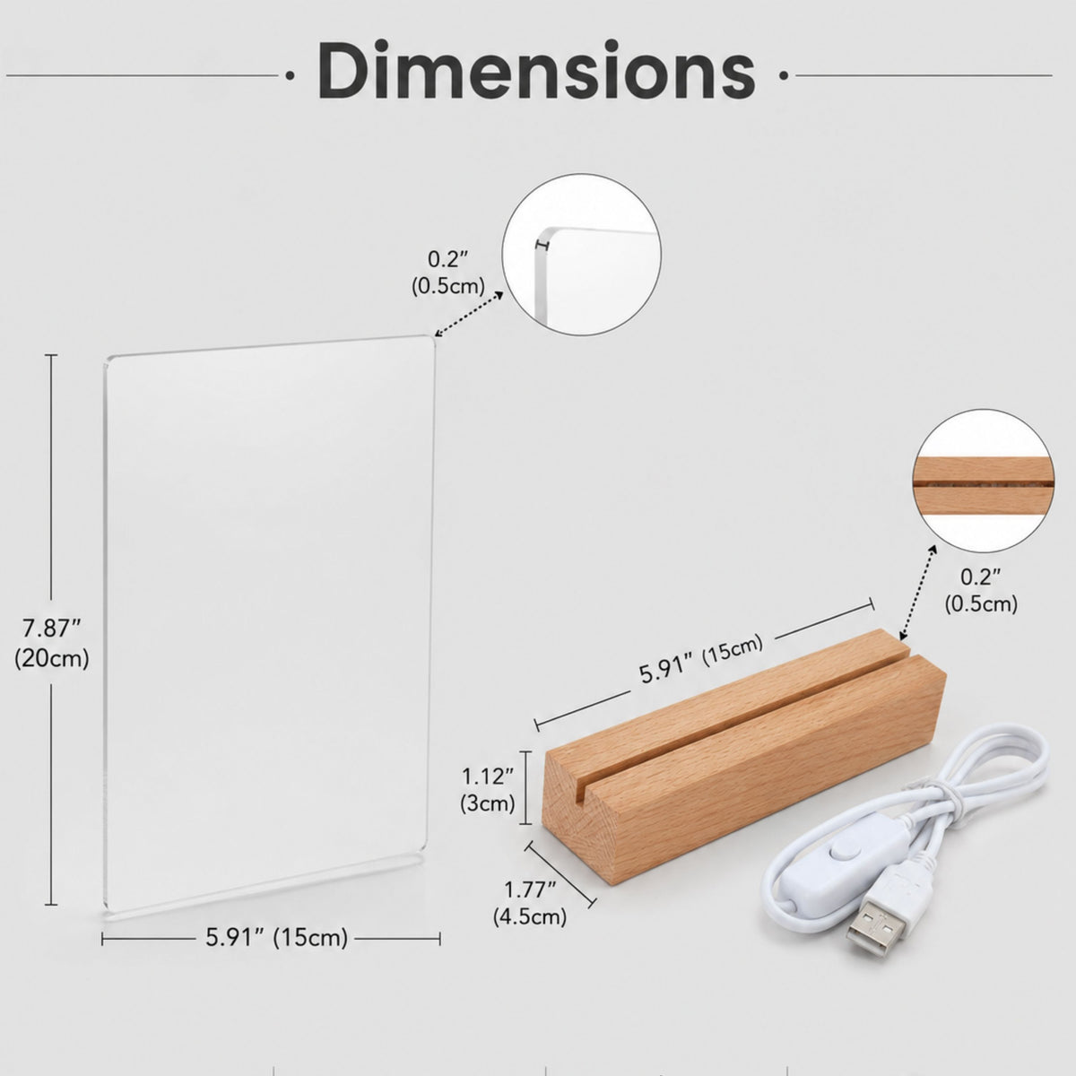 Dimension diagram showing measurements for the acrylic sheet (7.87 by 5.91 inches) and the natural wooden LED base (5.91 by 1.77 inches).