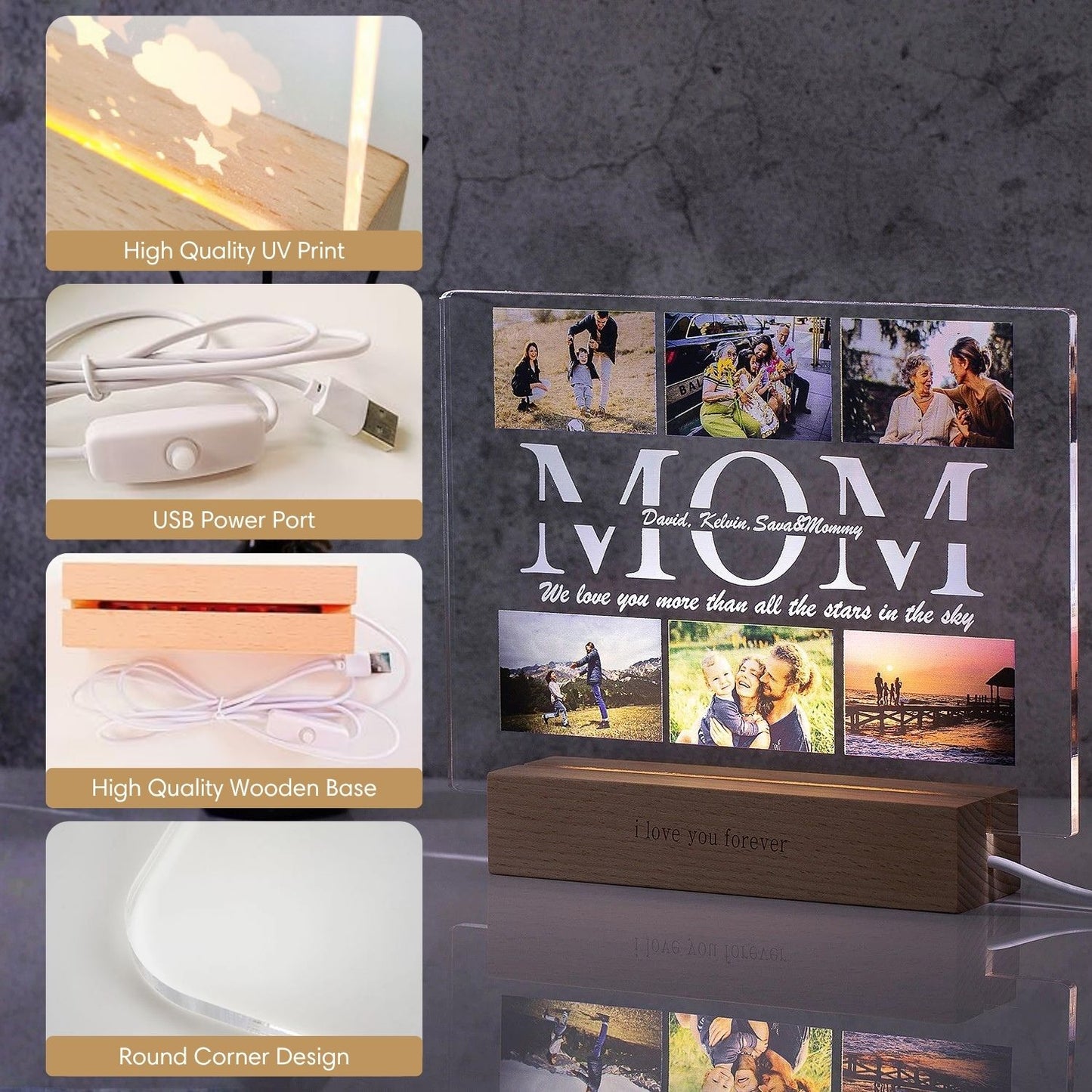 Personalized Photo Collage Acrylic Night Light Gift for Mom