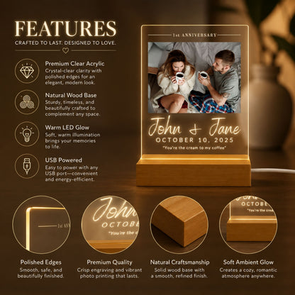 Product features infographic showing polished acrylic edges, USB powered cord, warm LED glow, and natural solid wood base craftsmanship.