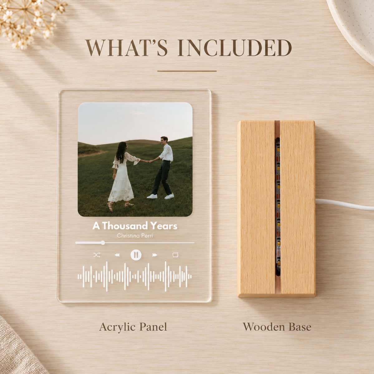 Product packaging breakdown showing the custom printed acrylic panel alongside the solid wooden LED light strip base.