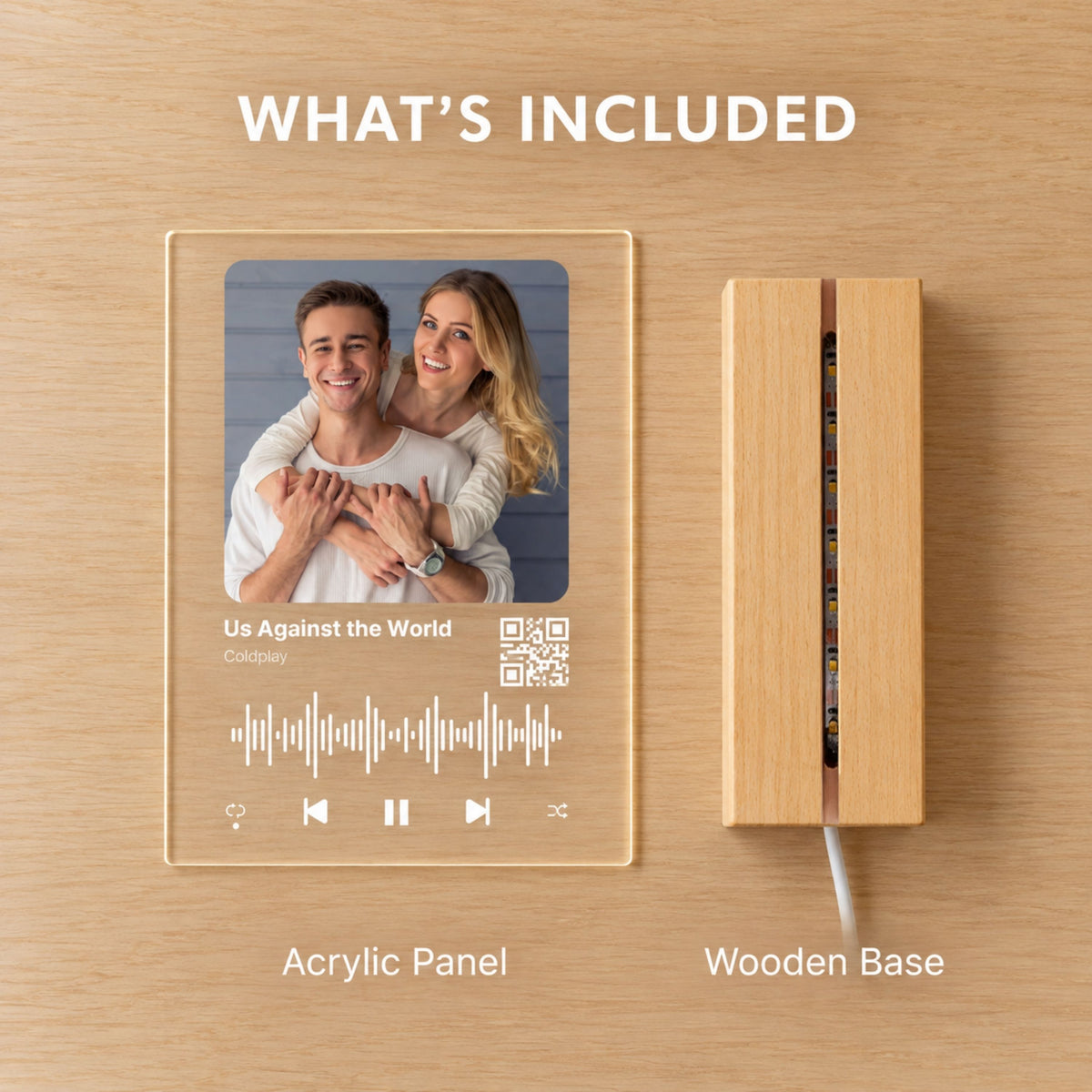 Product packaging breakdown showing the custom QR code music acrylic panel alongside the solid wooden LED strip base.