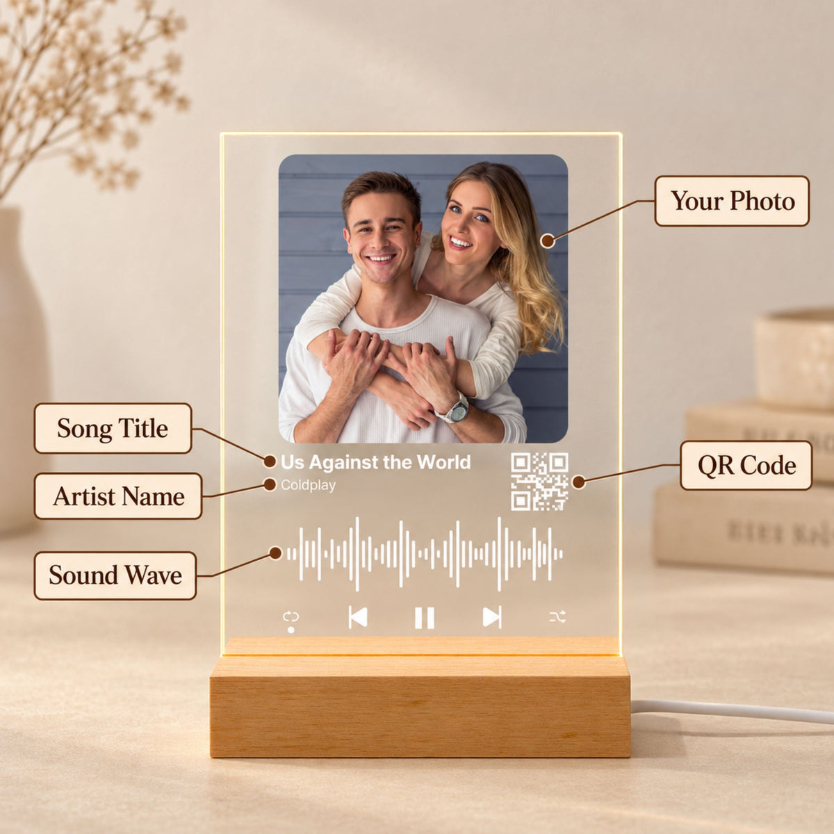 Personalization layout guide for music plaque lamp showing customization options for photo upload, song title, artist, scannable QR code, and sound wave.