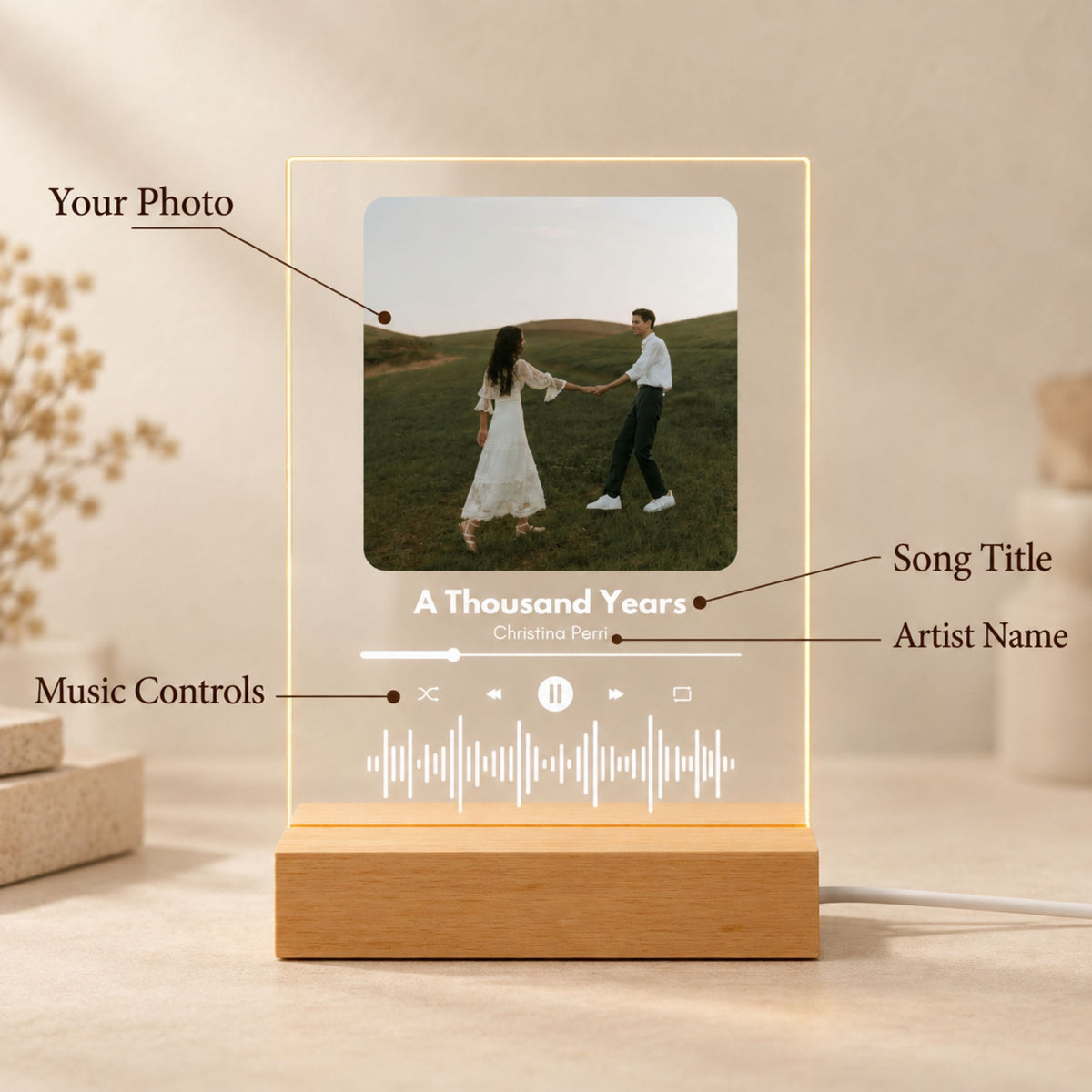 Personalization layout guide for custom music plaque lamp showing options for user photo, song title, artist name, and playback controls.