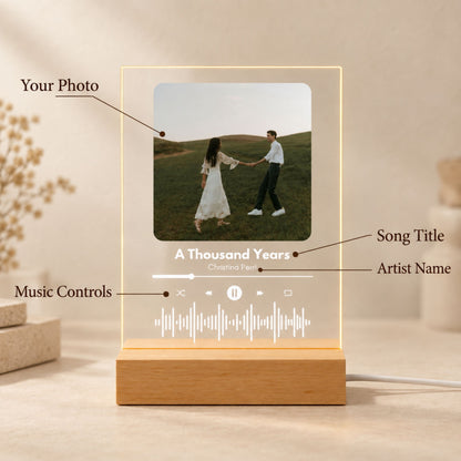 Personalization layout guide for custom music plaque lamp showing options for user photo, song title, artist name, and playback controls.