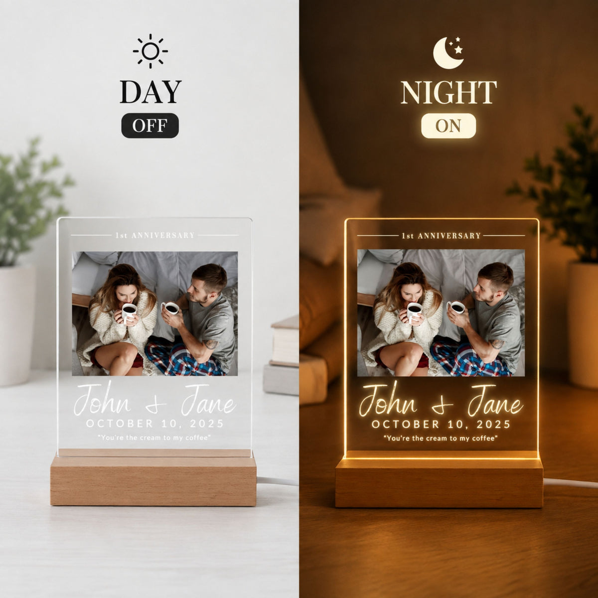 Day and night split comparison showing custom acrylic photo night light switched off in daylight and illuminated with warm glow at night.