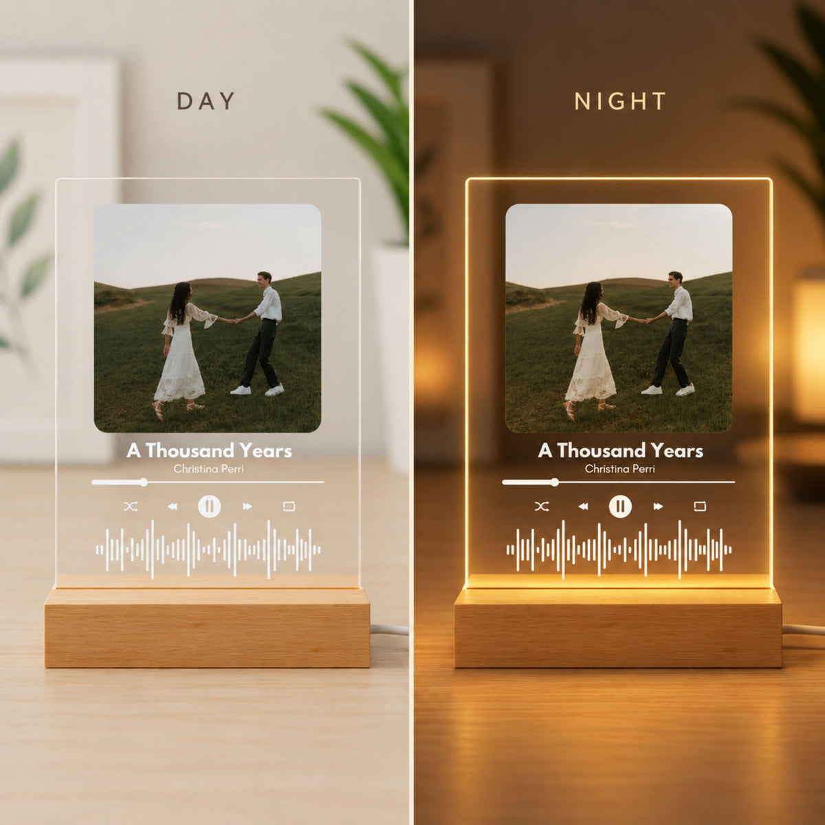 Day and night split display of custom music player acrylic lamp showing unlit photo print by day and warm LED glow at night.