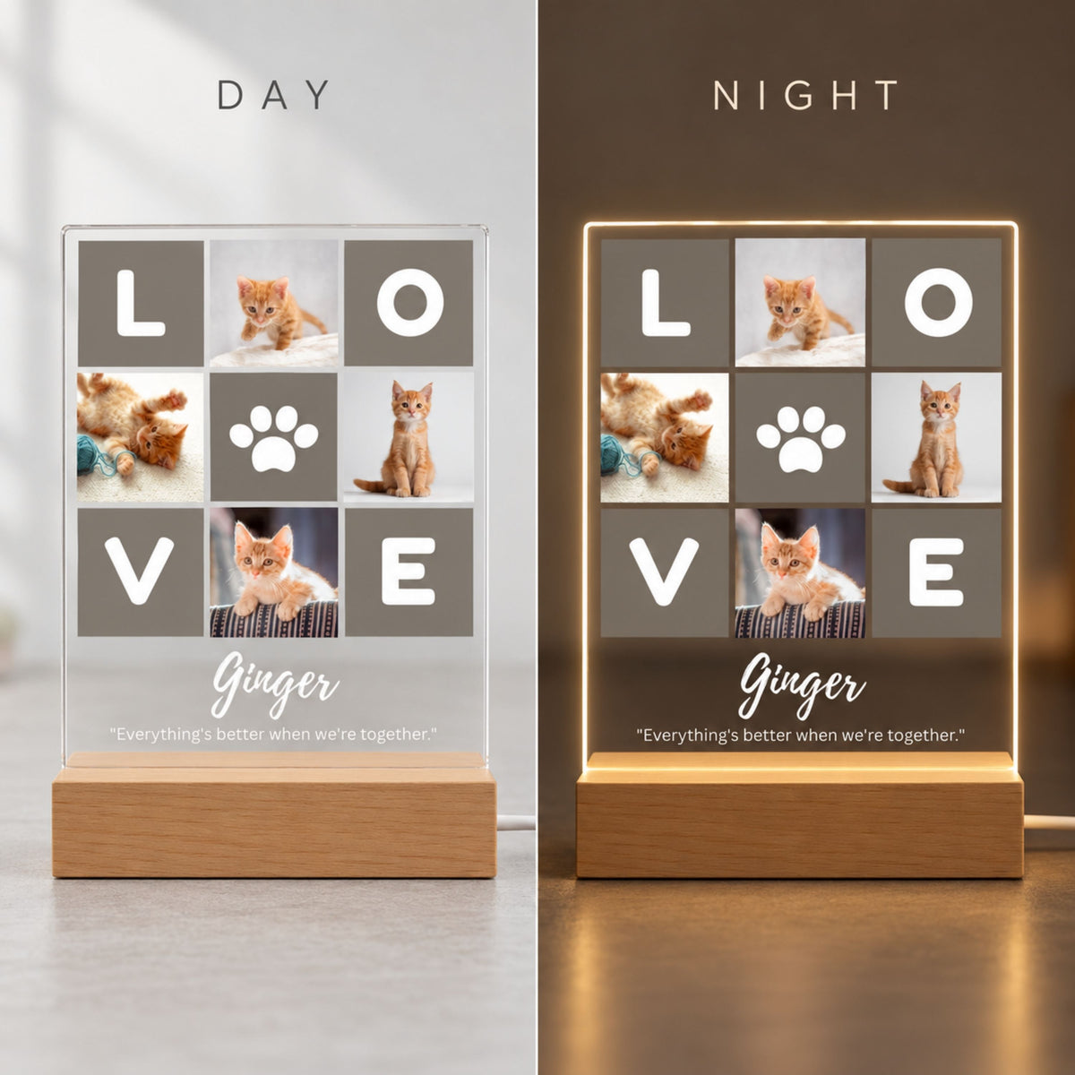 Day and night split display of custom pet LOVE collage acrylic lamp showing crisp daytime graphic print and warm LED glow at night.