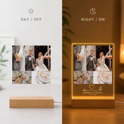 Day and night split display of four-photo wedding collage acrylic night light showing unlit high-resolution print in daylight and cozy warm LED glow at night.