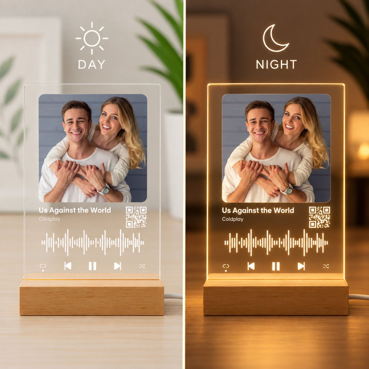 Day and night split display of custom music acrylic lamp with scannable QR code showing clear daytime print and warm LED glow at night.