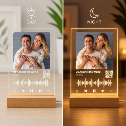 Day and night split display of custom music acrylic lamp with scannable QR code showing clear daytime print and warm LED glow at night.