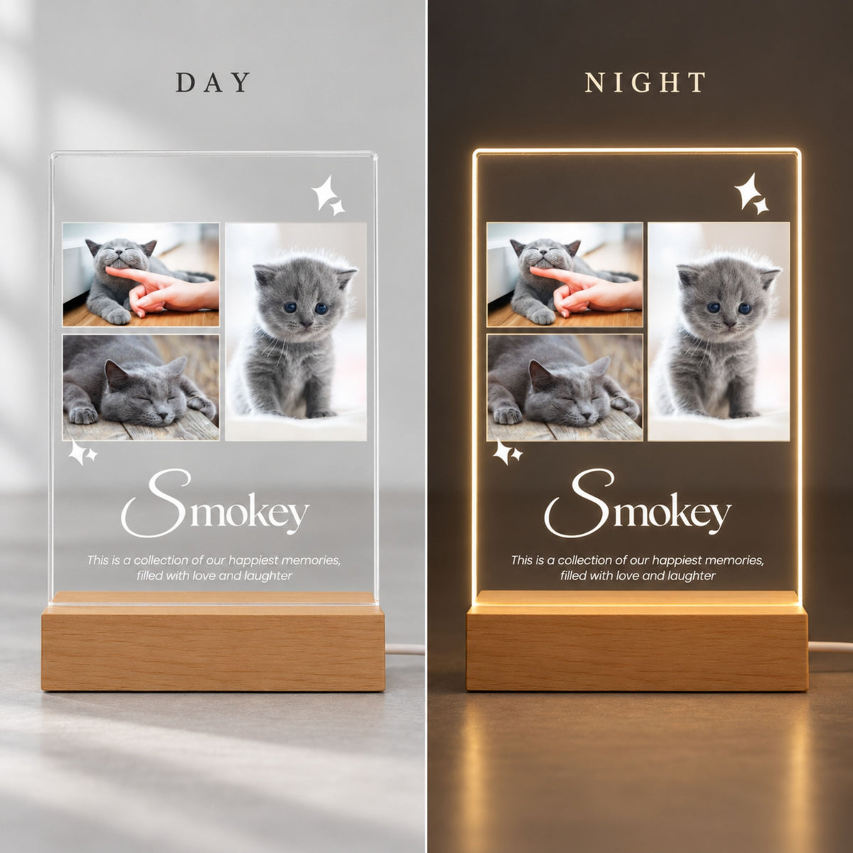 Day and night split comparison of a three-photo pet keepsake acrylic lamp showing clear unlit panel by day and warm LED glow at night.