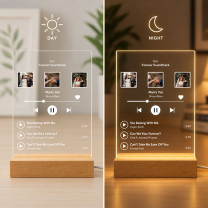 Day and night split display of custom music playlist acrylic lamp featuring 3 wedding photos, unlit by day and illuminated warm LED light at night.