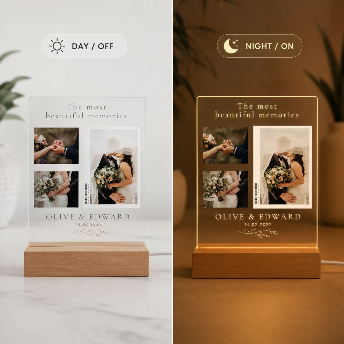 Day and night split display of 3-photo wedding collage acrylic lamp showing unlit print in daylight and cozy warm LED glow at night.