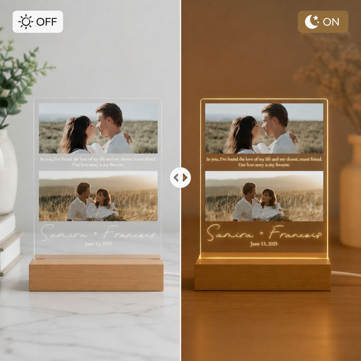 Day and night split comparison of two-photo acrylic anniversary lamp showing crisp print by day and illuminated warm LED glow at night.