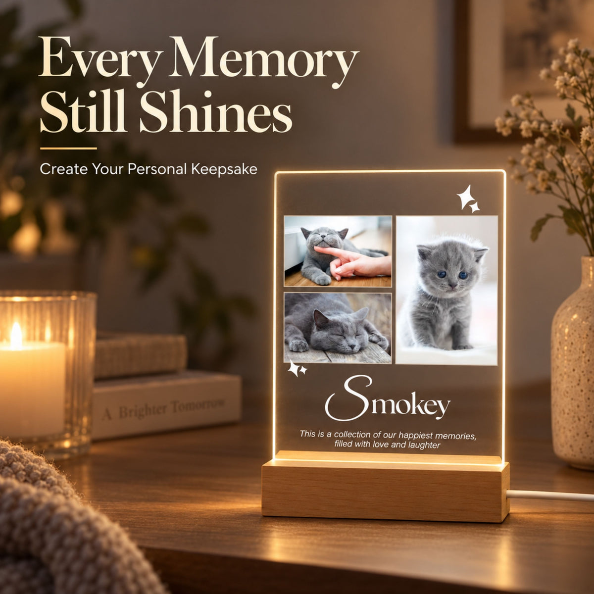 Custom cat memory collage acrylic lamp with three photos illuminated on a bedside table alongside candle and book with Every Memory Still Shines text.