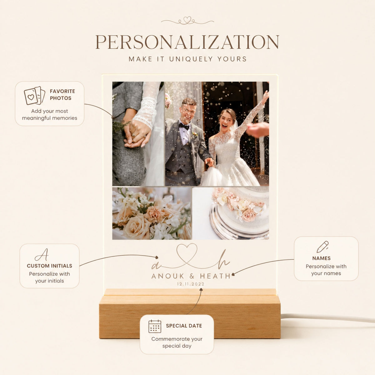 Personalization layout guide for 4-photo collage acrylic night light showing options to upload four favorite pictures, custom monogram initials, couple names, and wedding date.