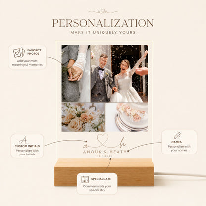 Personalization layout guide for 4-photo collage acrylic night light showing options to upload four favorite pictures, custom monogram initials, couple names, and wedding date.