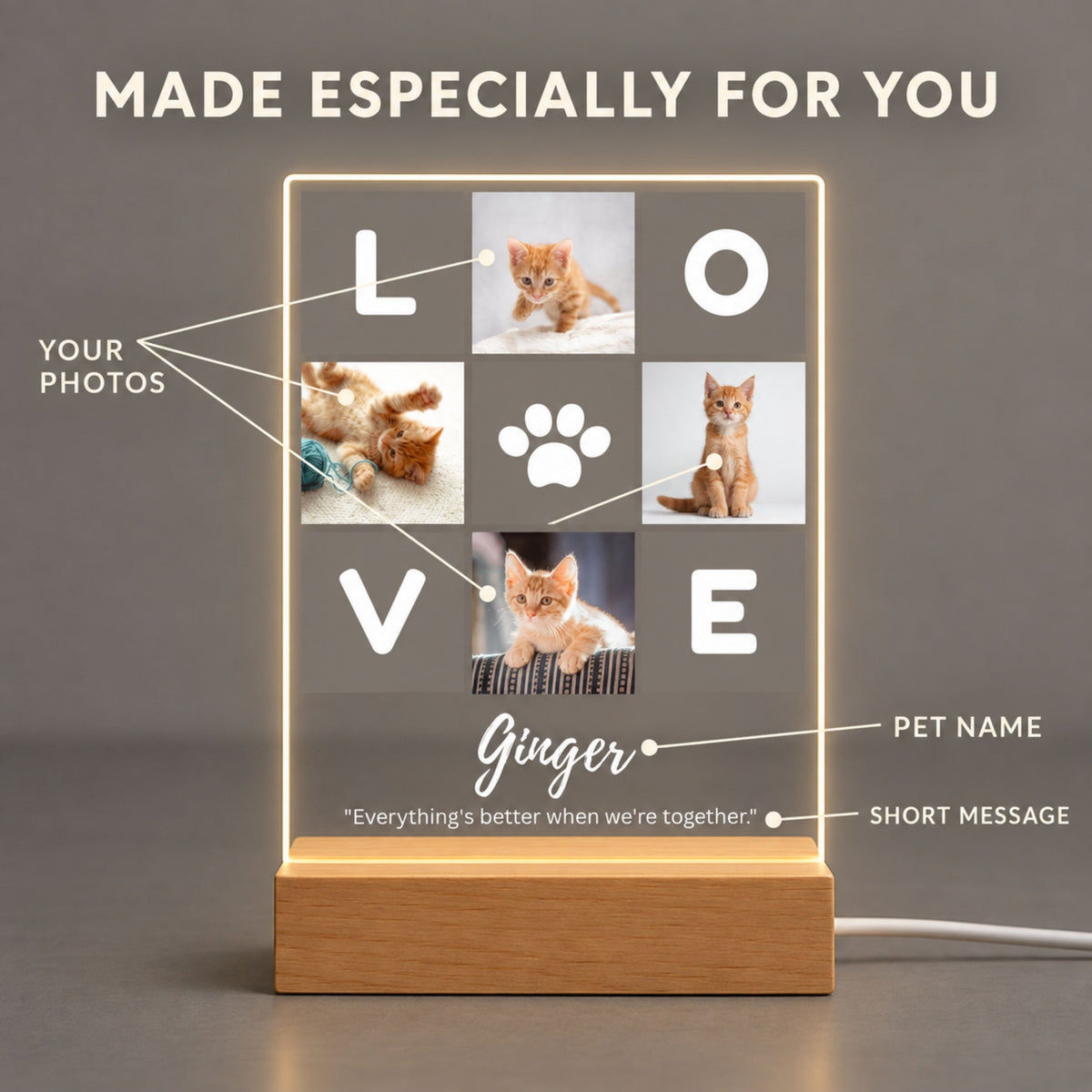 Customization layout diagram for LOVE pet collage acrylic night light showing personalization areas for four pet photos, pet name, and custom quote.